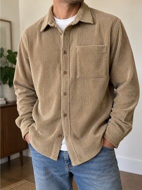 ZARA Men’s Relaxed Fit Corduroy Overshirt Shirt Beige XL